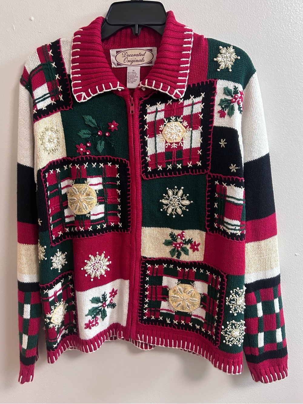 VTG Decorated Originals Christmas Patchwork Zip-Up Cardigan Sweater Medium